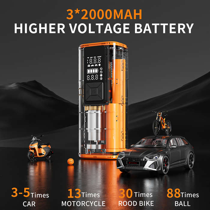 Black - Cordless Smart Car Tire Inflator Dual Screen Display with LED Light Accurate Pressure Measur