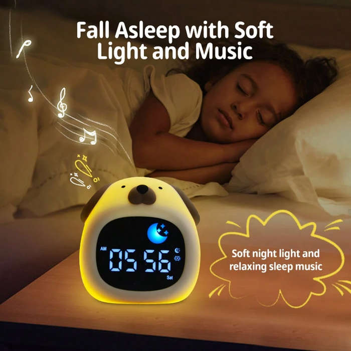 White - Kids Alarm Clock Sleep Trainer Clock Kids Room Cute Toddler Puppy Shape Night Light Clock To