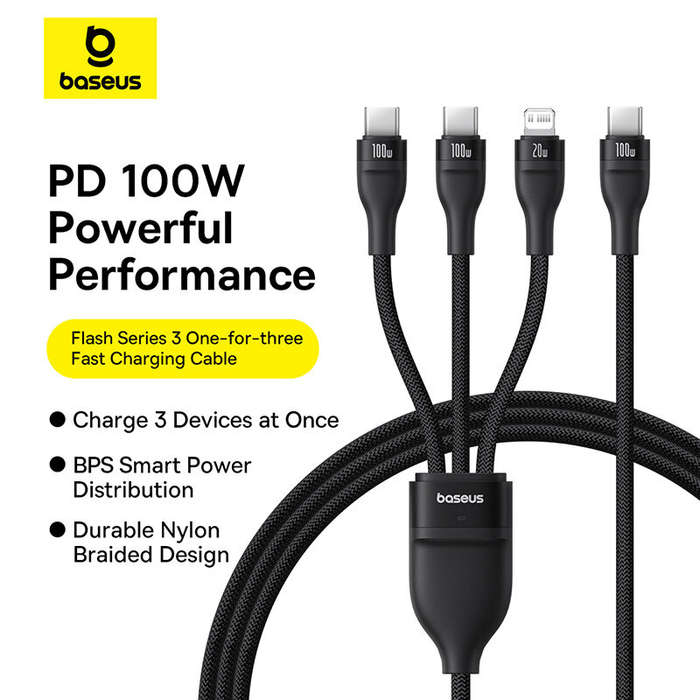 Black - Baseus Flash Series 3 100W Type-C to Type-C+Type-C+iP Cable PD Fast Charging Data Transmissi