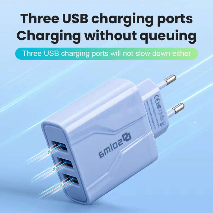 Blue & EU Plug - 5.8A 3-Port USB Charger 3USB-A Fast Charging Wall Charger Adapter EU Plug for iPhon