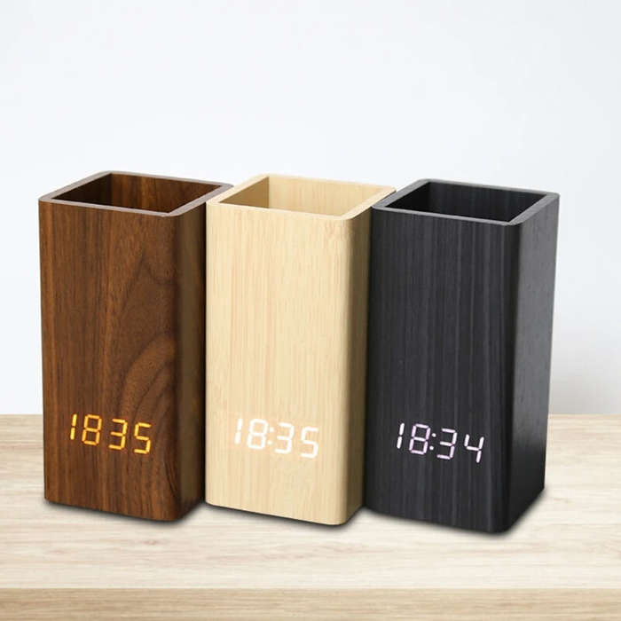 Brown - Creative Wooden Pen Holder Clock USB Voice Control Digital Pen Holder Alarm Clock LED Pencil