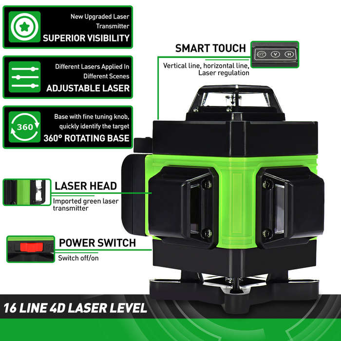 US Plug - LED Display 4D 360 16 Line Green Light Laser Level Cross Self Leveling Measure Tool