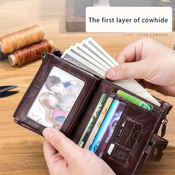 Yellow - BULLCAPTAIN Genuine Leather Men's Wallet, Large Capacity RFID Blocking Wallet, Casual Retro