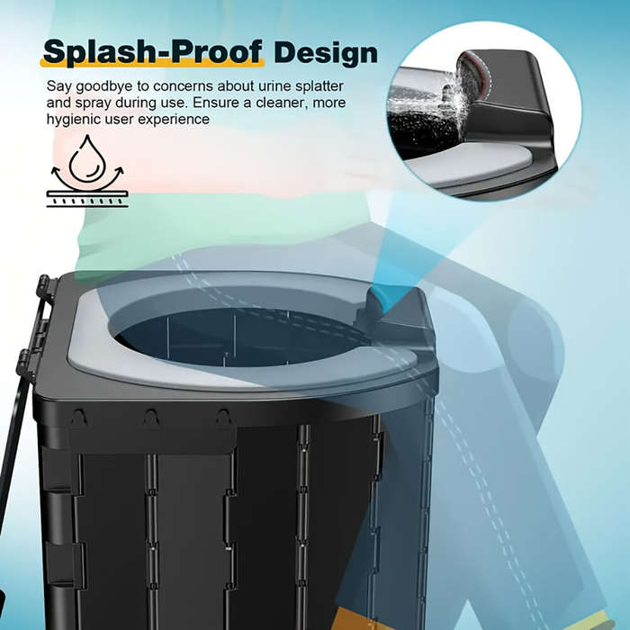 Black - PU Portable Folding Toilet with Cover, Mobile Camping Toilet, Compact Travel Potty for Adult