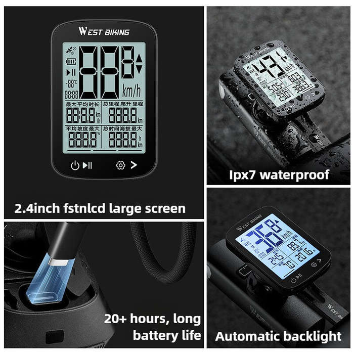 Black - WEST BIKING XQ2 2.4'' GPS Wireless Bike Computer Auto Backlight IPX7 Waterproof Type-C Charg