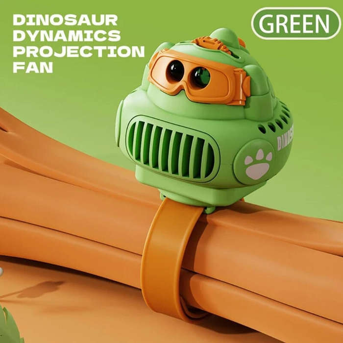 Green - Dinosaur Projection Watch Fan Mini Portable Cartoon Handheld Fan USB Rechargeable Cooler Fan