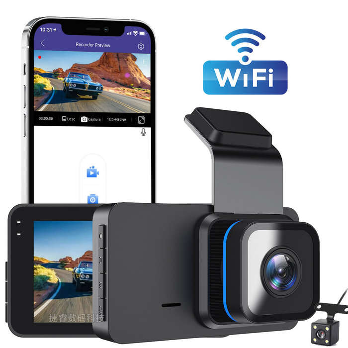 Black - 3 inch Front & Rear Dual-Lens Driving Recorder 1080P High Definition Built In WIFI 120 Car D