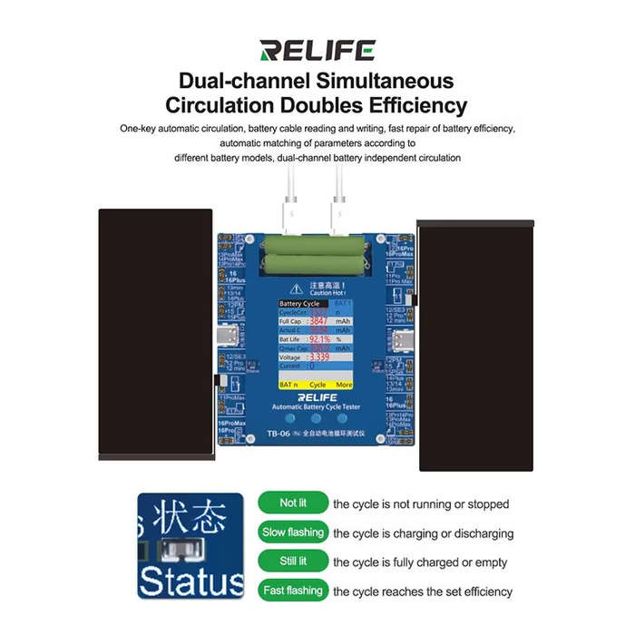 Blue - RELIFE TB-06 Pro Automatic Battery Cycle Tester Dual-Channel for iPhon 11-16 Series Battery H