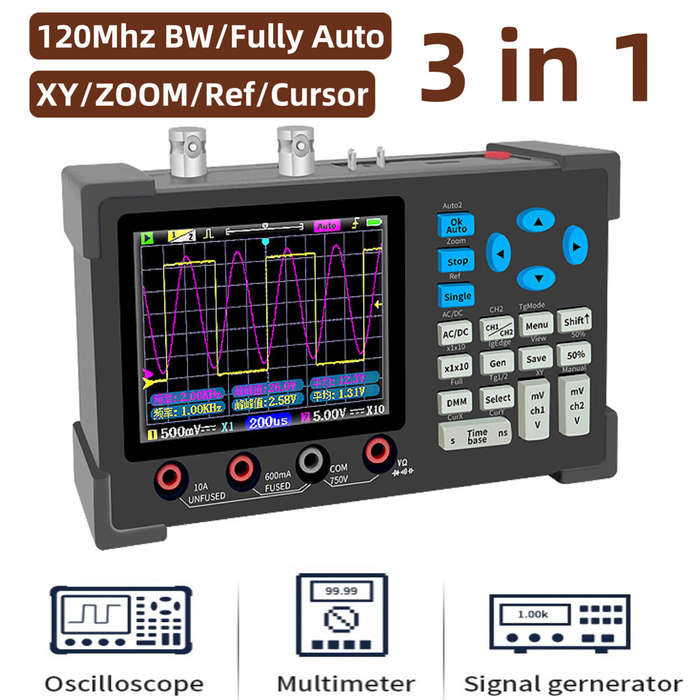 3 in1 Digital Oscilloscope Multimeter Signal Generator 120MHz IPS Display Dual Channel FFT Zoom Mode