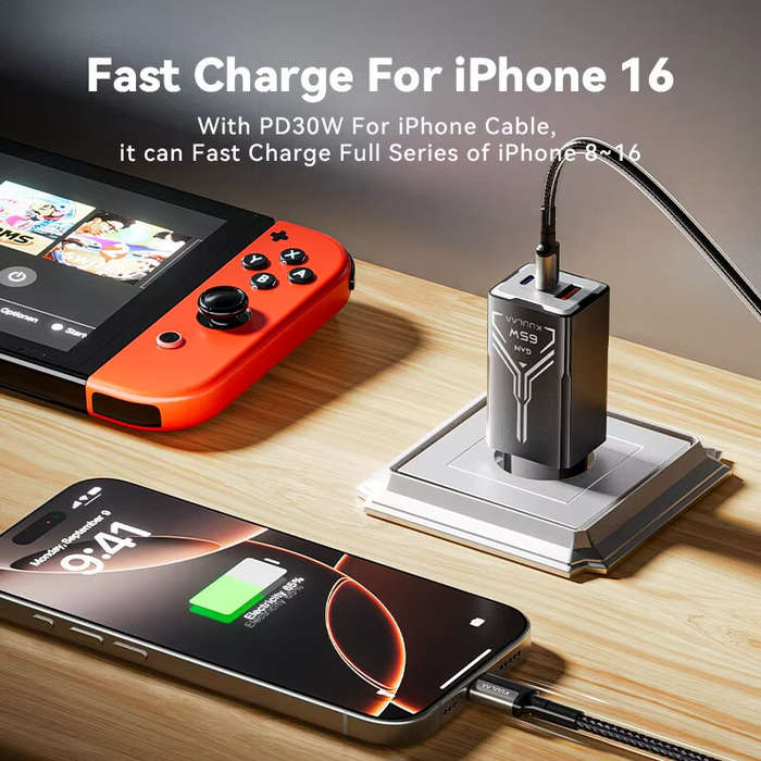 Black & US Plug - [GaN Tech] KUULAA KL-CD64 65W 3-Port USB PD Charger USB-A+2USB-C PD Fast Charging