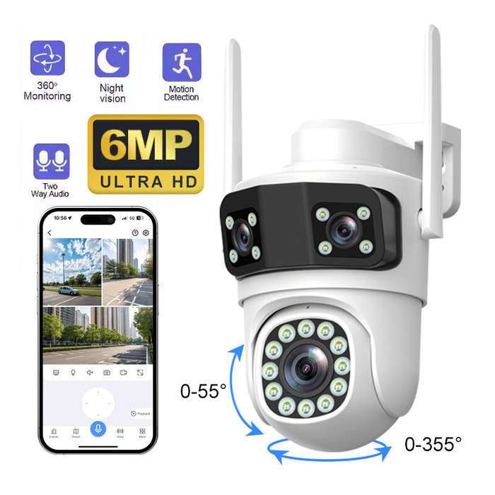 EU Plug - Guudgo Triple Lens Wireless Camera 2MP+2MP+2MP HD Outdoor Waterproof Surveillance Home Cam