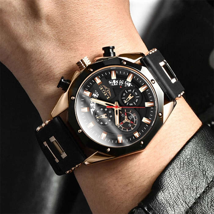 Black+Gold - LIGE Men Watches with Silicone Strap Waterproof Chronograph Quartz Watch Luminous Calen