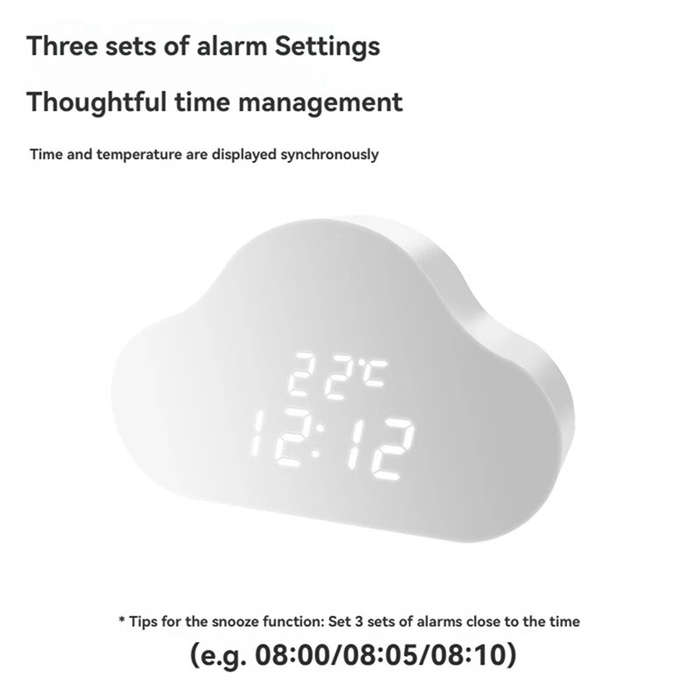 White - Cloud Alarm Clock Hygrometer KD8618 Adjustable Brightness 24-Hour Time Display Voice Activat