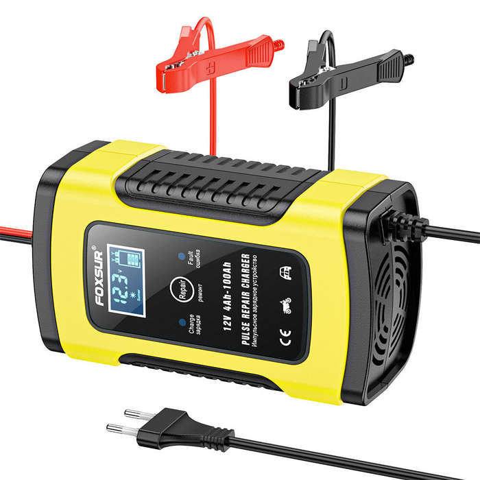 UK Plug - FOXSUR 12V 5A Motorcycle Car Pulse Repair Charger with LCD Display Intelligent Car Battery