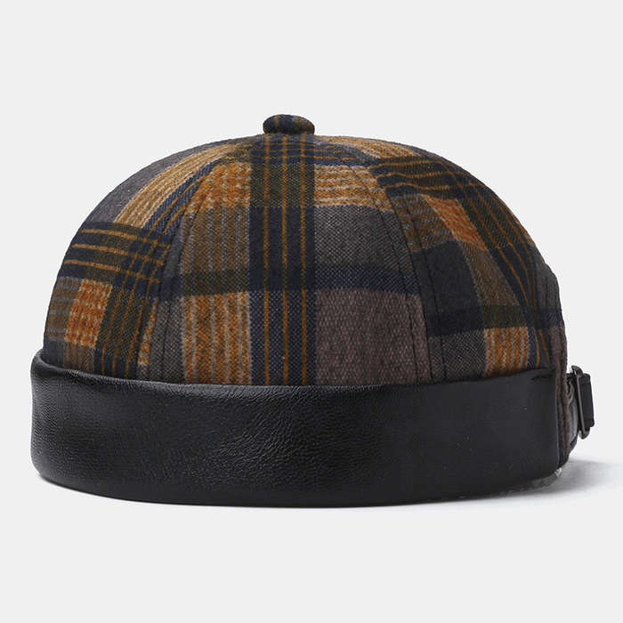 Collrown Unisex Patchwork Color Plaids Pattern Casual Retro Brimless Beanie Landlord Hat Skull Hat