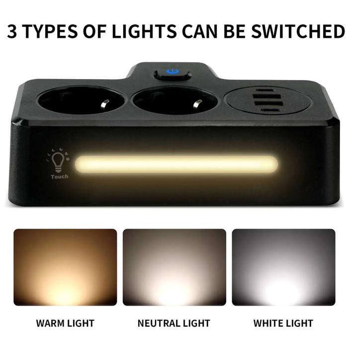 White - EU Power Strip Wall Socket Expansion Plug with 2 AC+2USB-A+2Type-C PD QC3.0 Fast Charging Mu
