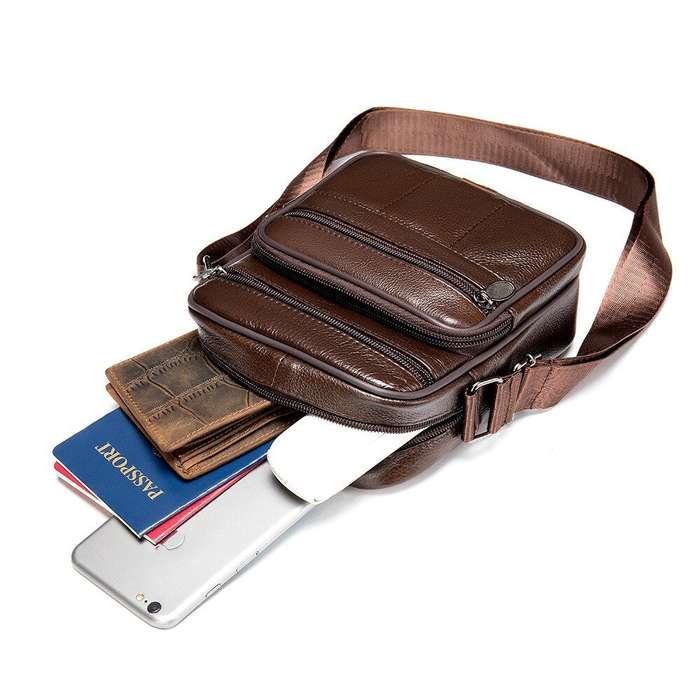 Coffee - Ekphero Men's Genuine Leather Shoulder Bag Bussiness Casual Messenger Bag Multiple Pocket C