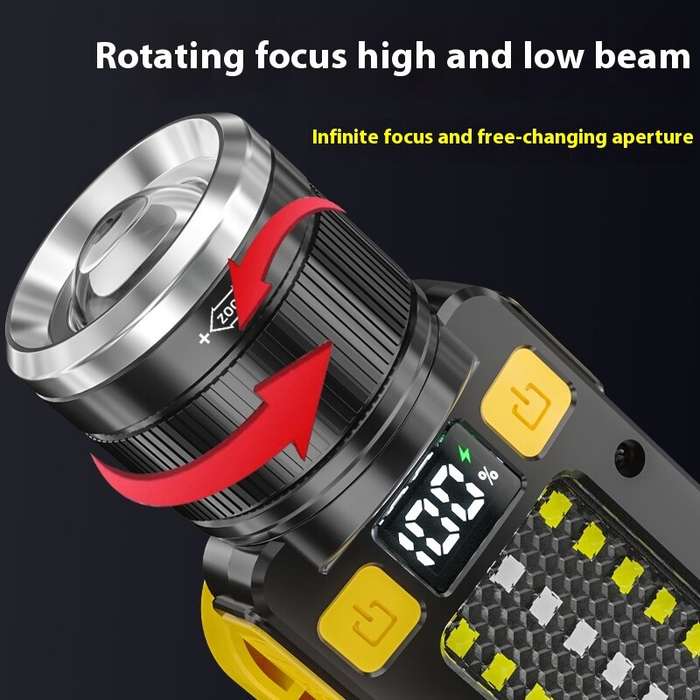 Black - USB Rechargeable Dual Light Powerful LED Flashlight Zoomable Torch with Magnetic Bracket Out