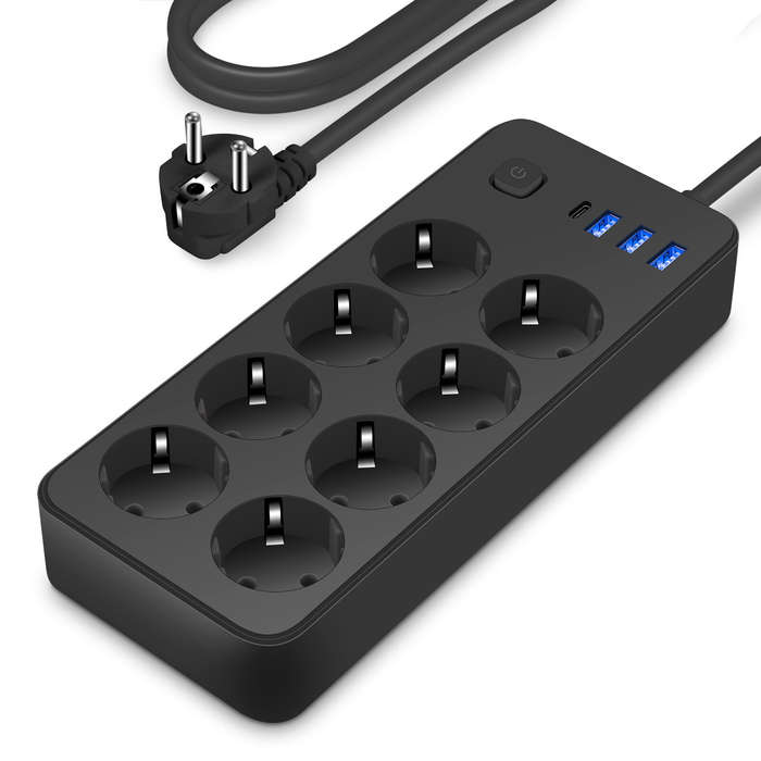 Black - 2200W 12-in-1 Multitap Power Strip Socket with 8 AC EU Outlets+3 USB-A+1 USB-C Output Socket