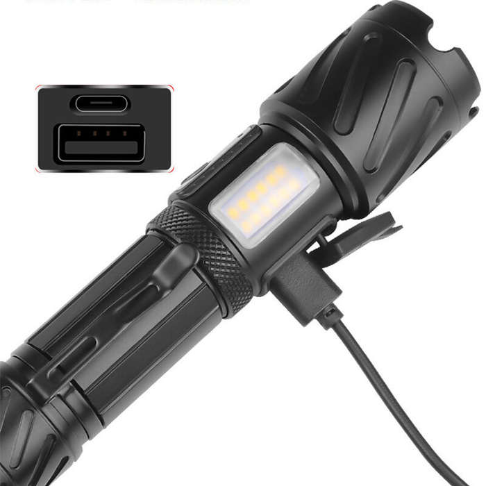 Black - Bikight Powerful Zoomable Flashlight with COB Sidelight with 18650 Battery Magnet Tail, High