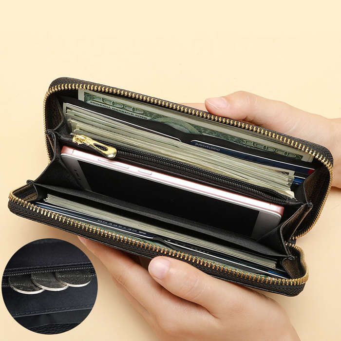 Black - Ekphero Genuine Leather Crocodile Texture Wallet Unisex Long Business Handheld Bag Zipper Ca