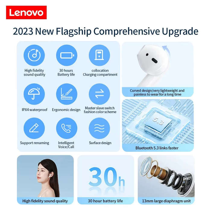 Grey - Lenovo TC3302 TWS Earbuds Wireless bluetooth Earphone 13mm Large Composite Diaphragm ENC Call