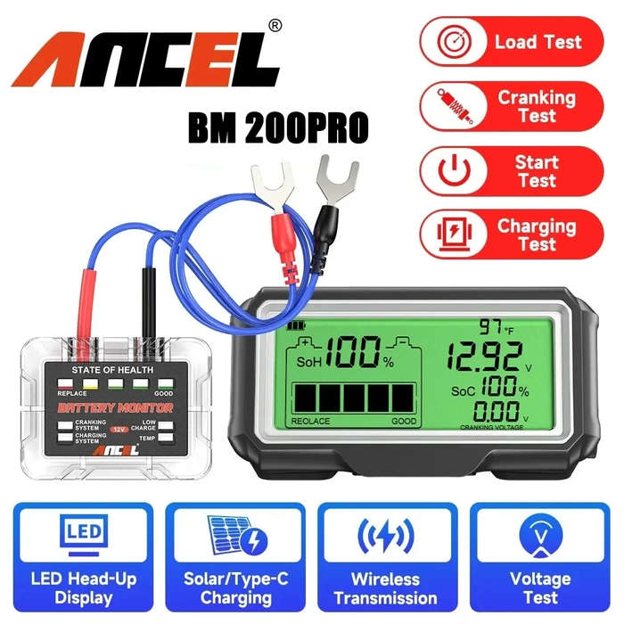 #01 - Ancel BM200 Pro 12V Car Battery Tester Monitor Head-up LED Display Waterproof SOH SOC Charging