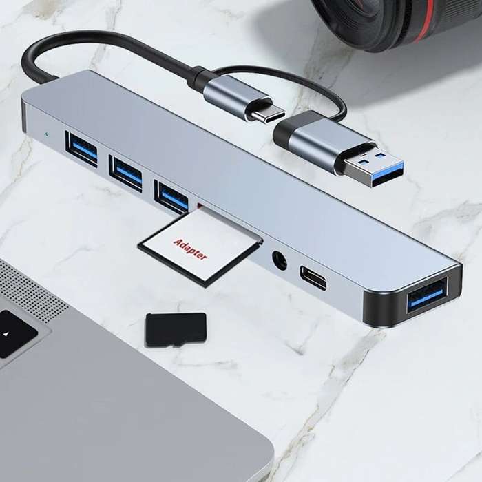 8-IN-2 - 8-in-2 USB-C/USB3.0 Docking Station USB Adapter with USB3.0 USB2.0*3 USB-C Data SD/TF Card