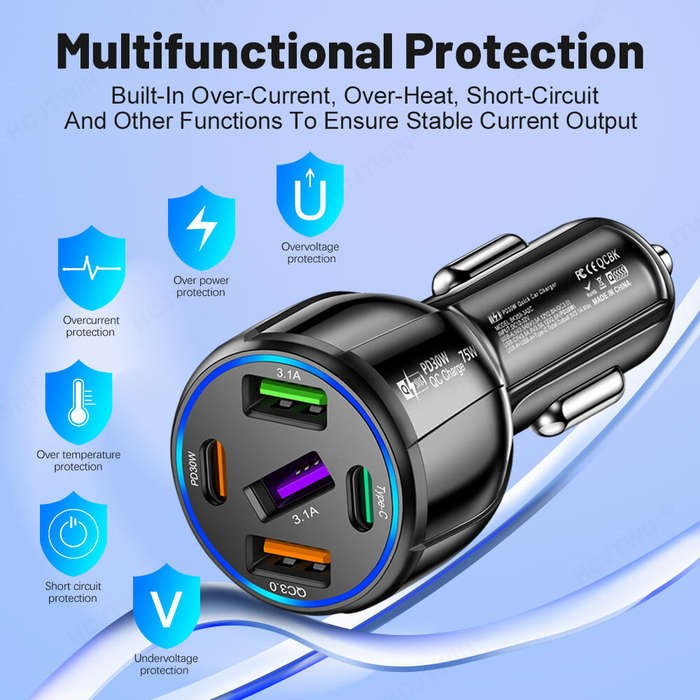 Black - 75W 5-Port USB PD Car Charger Adapter 3USB-A+2USB-C PD QC3.0 Fast Charging for iPhone 15 15