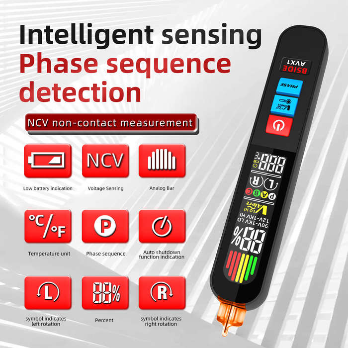 Black - BSIDE AVX1 Non-Contact Phase Sequene Tester LCD Display Voltage Detection Temperature Measur