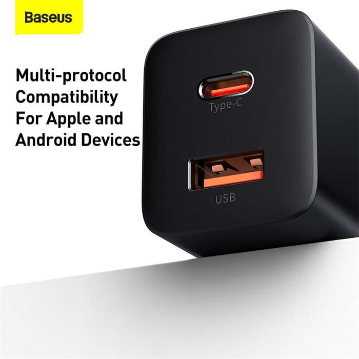 Black - Baseus 30W 2-Port USB PD Charger USB-A+USB-C PD3.0 QC3.0 Apple2.4 BC1.2 Fast Charging Wall C