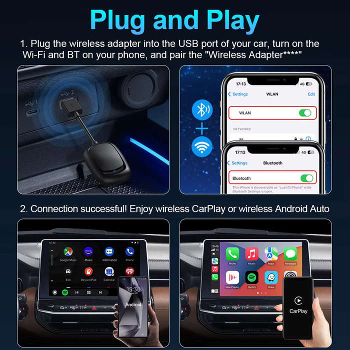 Black - Wireless CarPlay Adapter Android Auto USB Dongle OEM Wired Upgrade 5G WiFi BT 5.0 Plug and P