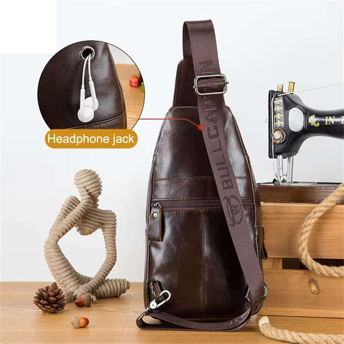Coffee - BULLCAPTAINN Genuine Leather Men's Chest Bag with Phone Holder Multi-Layer Large Capacity S