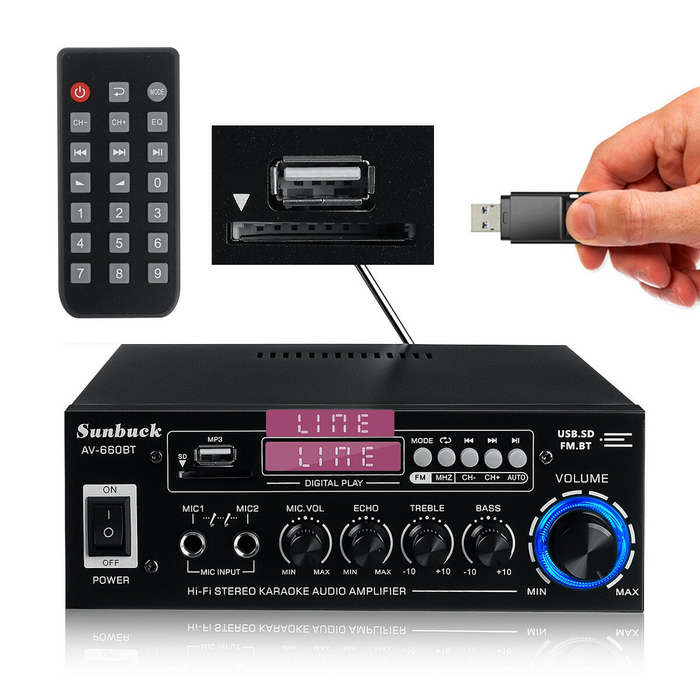 UK Plug - Sunbuck AV-660BT 2000W bluetooth 5.0 Audio Power Amplifier EQ Stereo AMP Car Home 2CH AUX