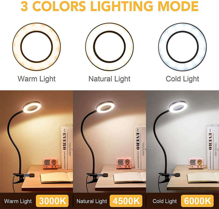 Black - 5X LED Magnifying Lamp Clip-On with USB Magnifier Adjustable Brightness and Color Temperatur
