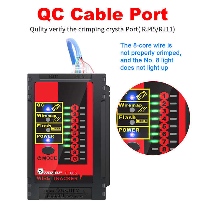 TOOLTOP ET605 LAN Network QC Cable Port Tester Pairing Check Switch Flash POE Withstand 60V Telephon
