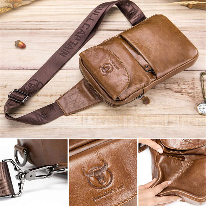 Brown - BULLCAPTAIN Retro Genuine Leather Men's Chest Bag Comfy Adjustable Shoulder Strap Crossbody