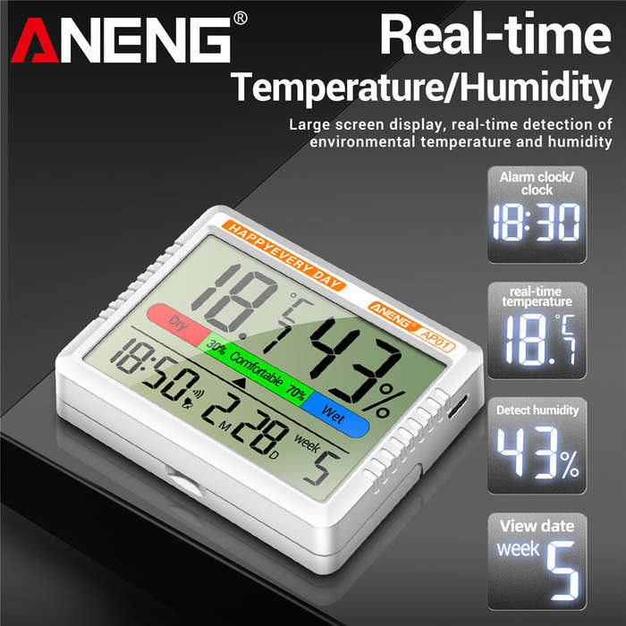 Black - ANENG AP01 Thermohygrometer Clock with Backlit LCD Display Real-Time Temperature and Humidit