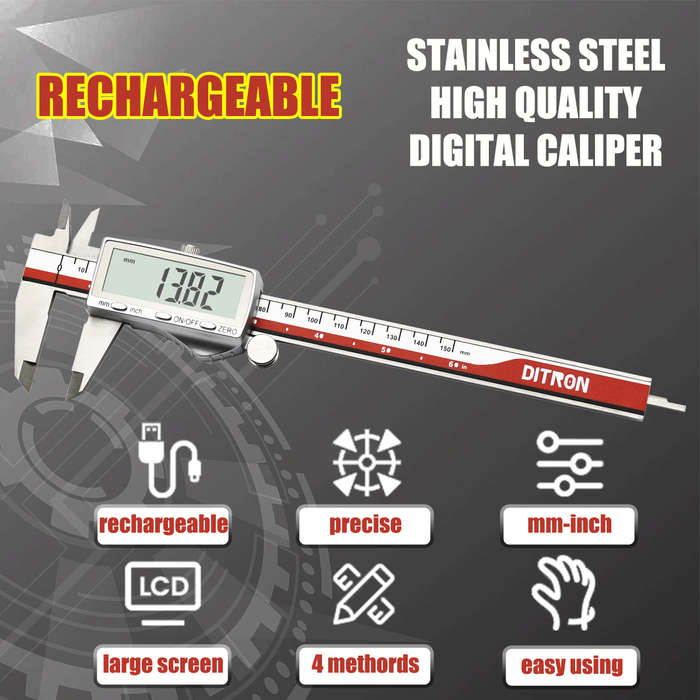 Red - DITRON Digital Caliper 701 Stainless Steel Rechargeable 0-6 Inch Precision Measuring Tool Larg