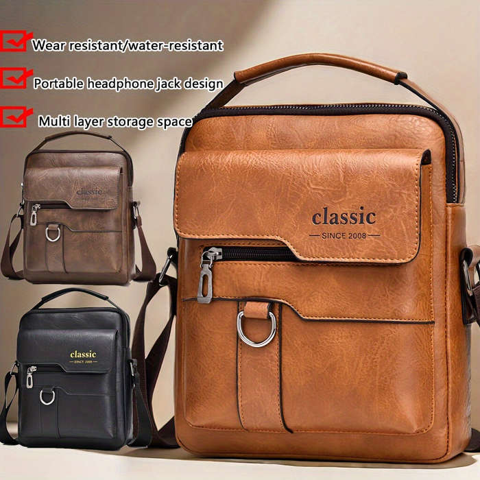 Black - Men's Fashion PU Leather Shoulder Bag, Large Capacity Retro Business Crossbody Bag For Men H