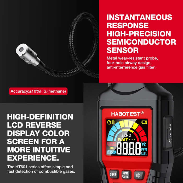 Black - HABOTEST HT601A Natural Gas Leak Detector 50-1000PPM Methane Combustible Gas Auto Zero Audib
