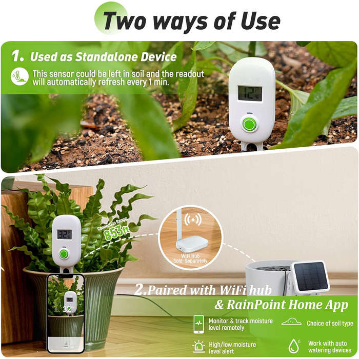 White - Soil Moisture Meter Wifi Smart Monitor Moisture Level Alert Notification Garden Care Plantin
