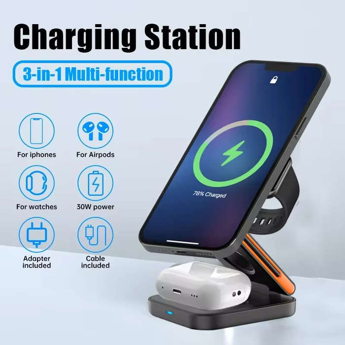 Black - Bakeey 3-in-1 30W Foldable Wireless Charger Fast Magnetic Wireless Charging Stand for Smart