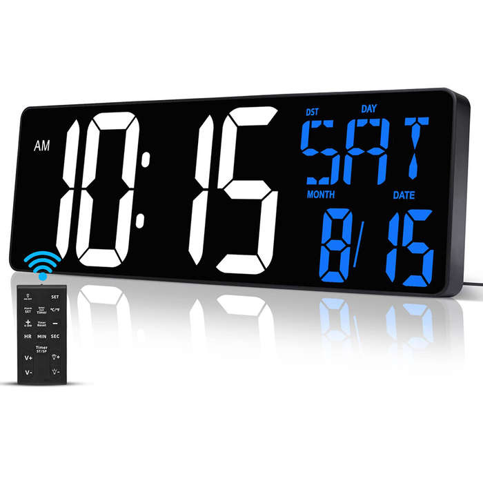 White Blue - 16.5 Inches LED Large Screen Digital Wall Clock with Remote Control USB Charge Dual Col