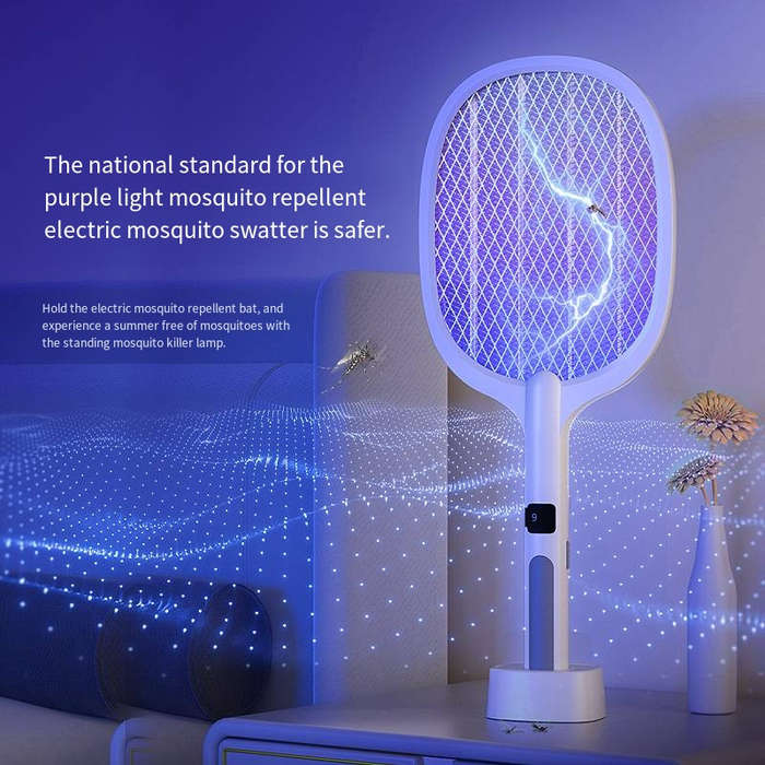 White - Electric Mosquito Swatter with Electronic Digital Screen Electric Exterminator Fly Swatter D