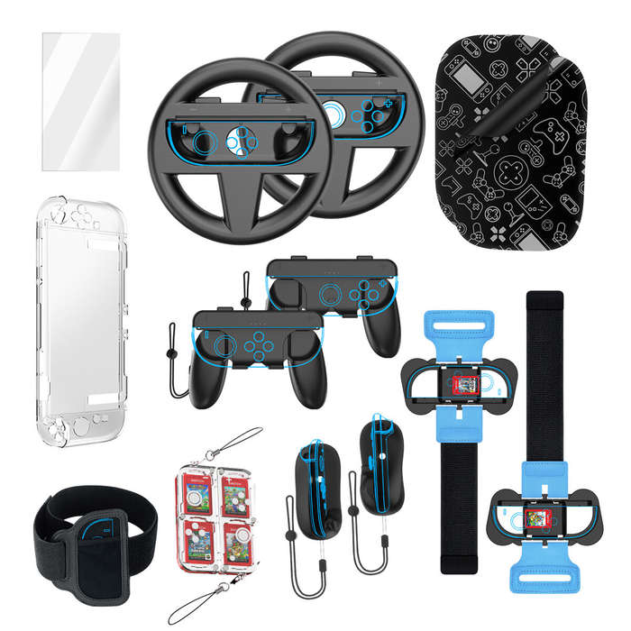Full Kit - For Switch2 14-in-1 Sports Set Steering Wheel + Grip + Wrist Strap + Mouse + Crystal Shel