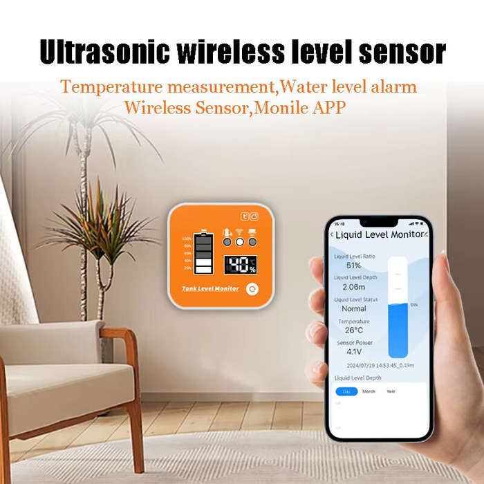 EU Plug - ME201R Ultrasonic Level Sensor Water Tank Monitor 0.1m-4m Measuring Range LCD Temperature