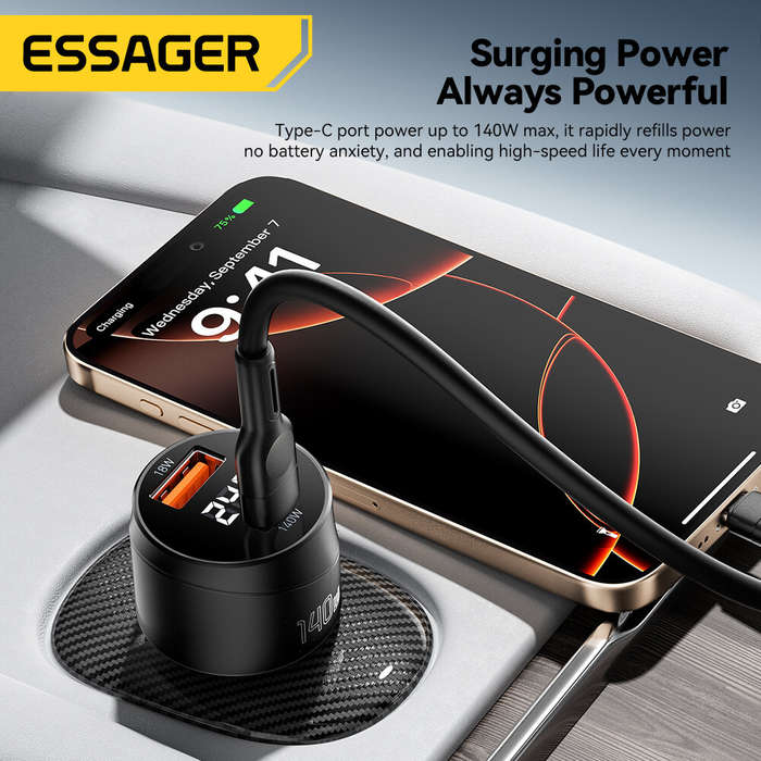 Black - ESSAGER ES-CC19 140W 2-Port USB PD Car Charger USB-A+Type-C Support PD3.1 QC3.0 AFC FCP SCP