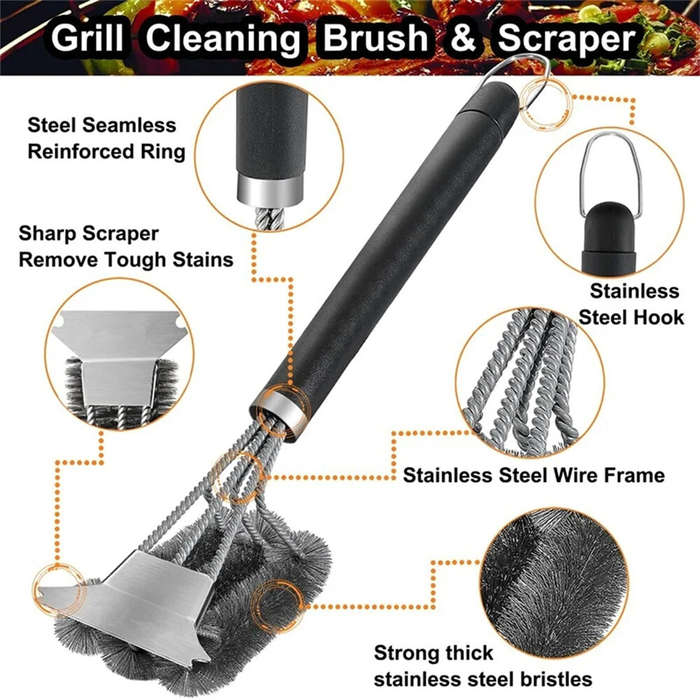 S01 - Long Handle BBQ Grill Cleaning Brush with Stainless Steel Scraper Bristles Cleaner Heavy Duty