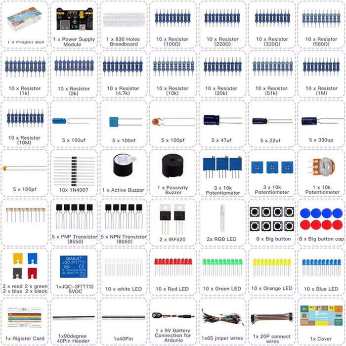 DIY Kit - MB-102 830 Hole Breadboard Kit Basic Electronics Component Starter Kit with Power Supply M